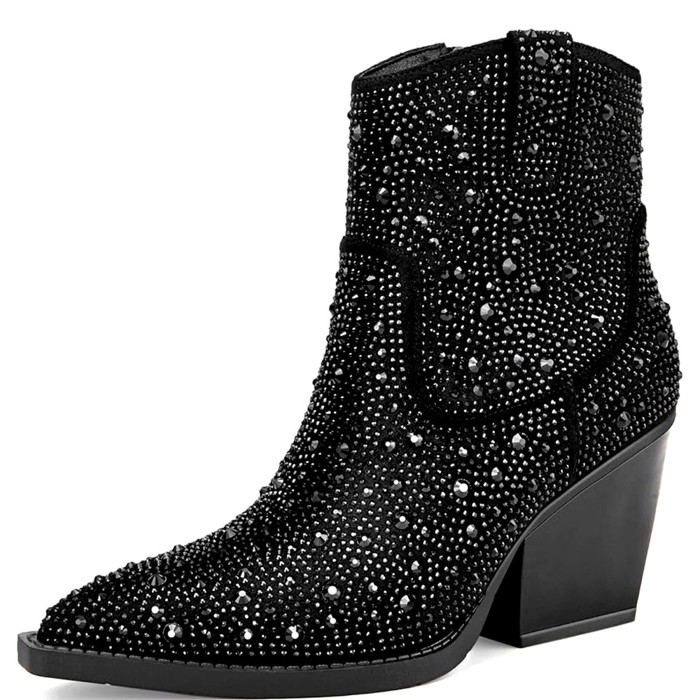 Women's Color Rhinestone Boots Glitter Sparkly Cowboy Booties (Black size 11)